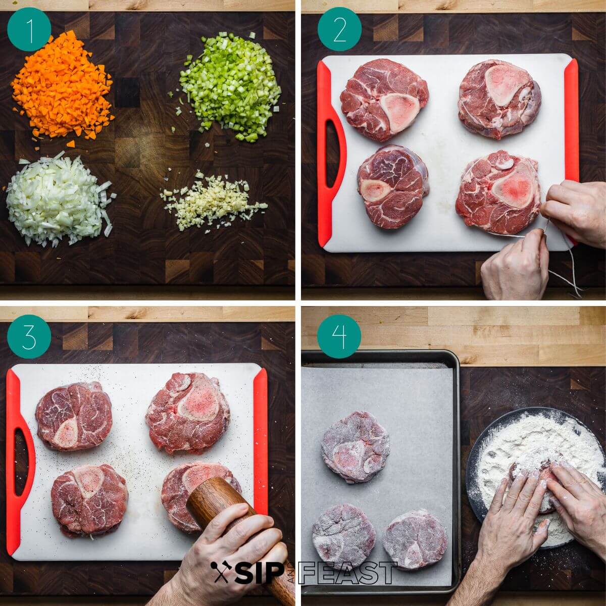 Osso buco recipe process shot collage group number one showing prepping the veggies, tying the shanks, salt pepper and flouring shanks.