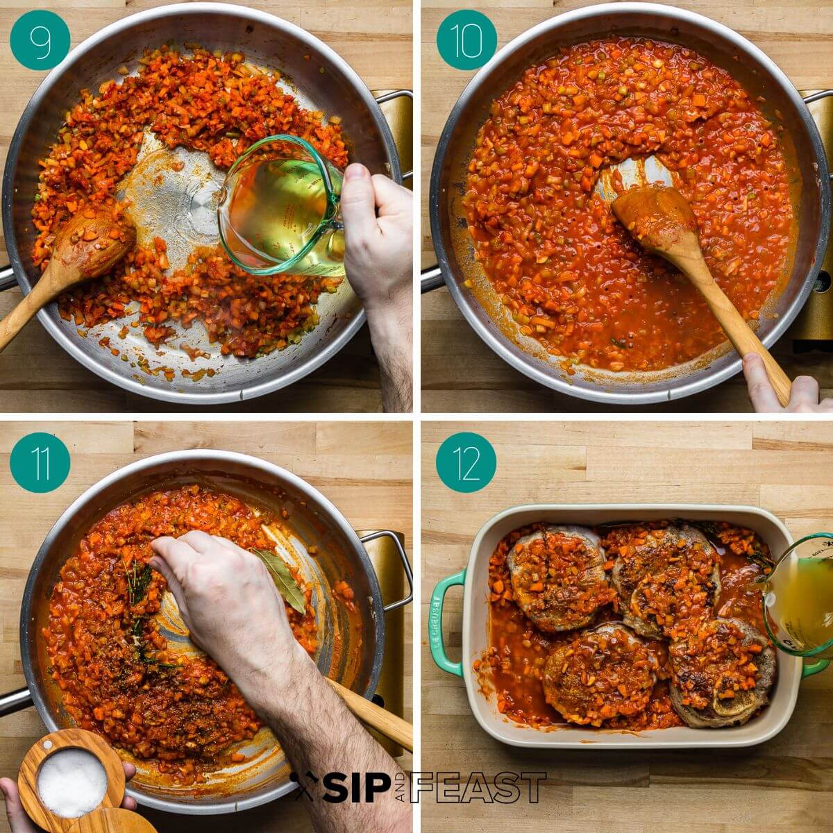 Recipe process shot collage group number three showing adding wine, adding salt to sauce, and adding shanks and stock.