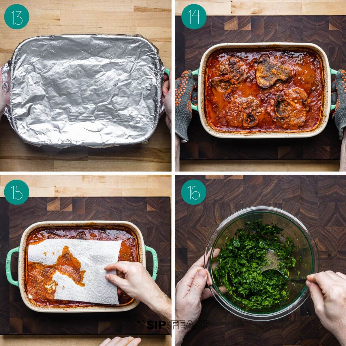 Recipe process shot collage group number four showing covering pan, shanks after braising, removing fat from top of pan, making gremolata.