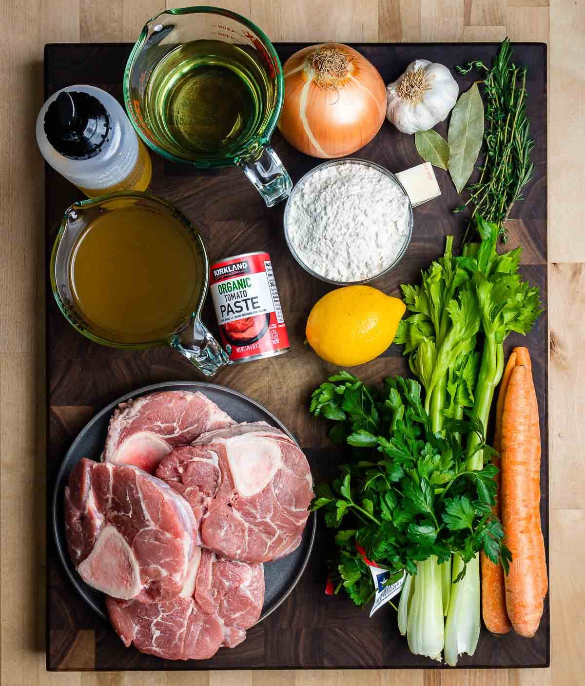 Overhead shot of osso buco recipe ingredients.