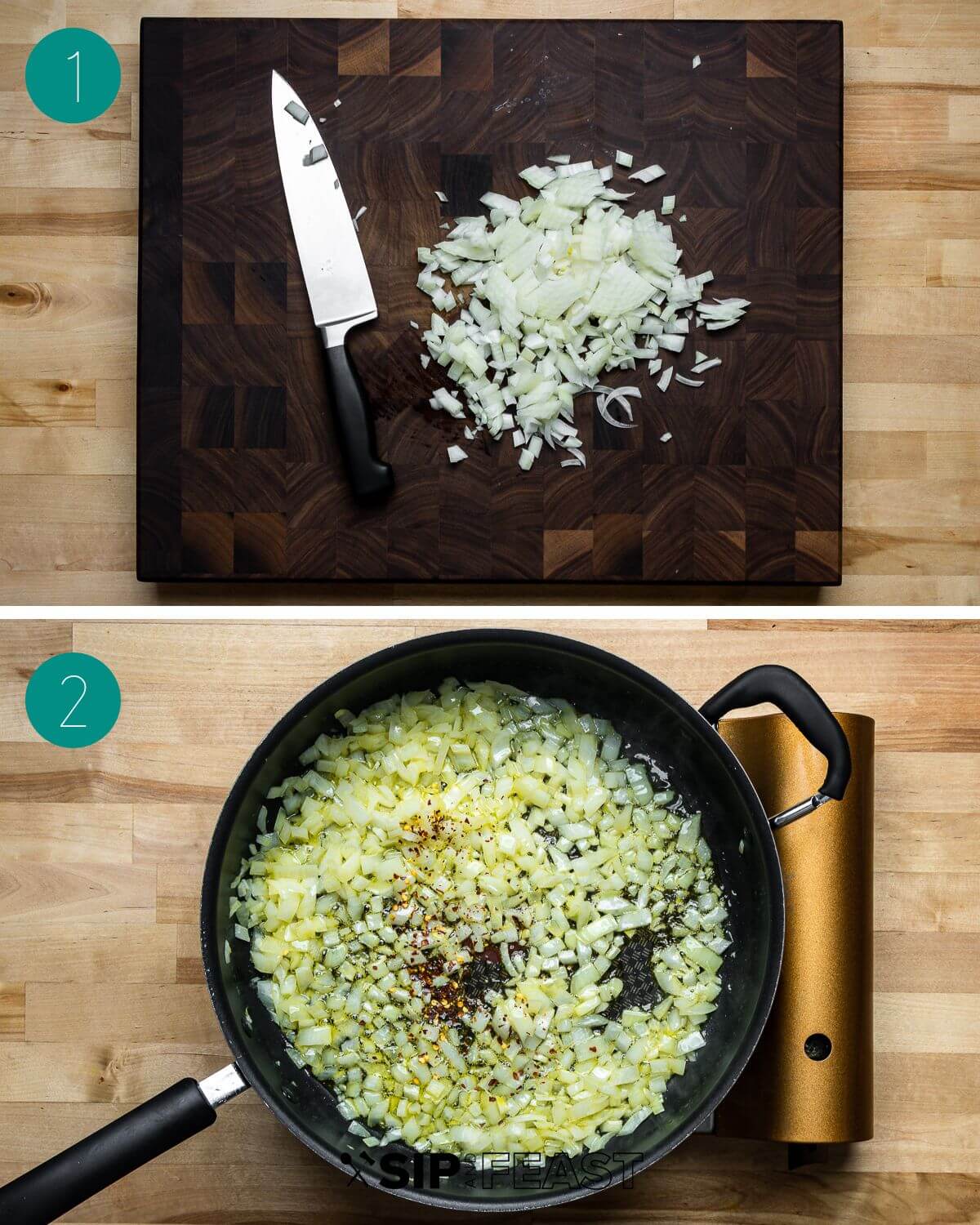 Pasta and peas in red sauce recipe process shot collage group number one.