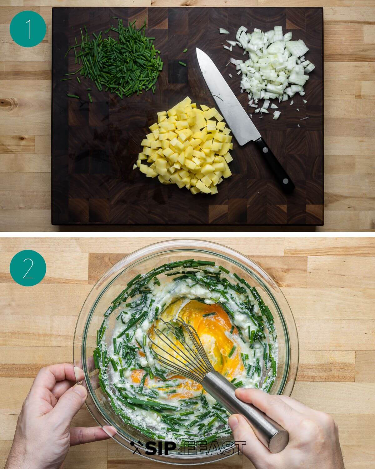 Potato frittata recipe process shot collage group number one with chopped potato, onion, chive, and mixing egg with cheese milk and chives.