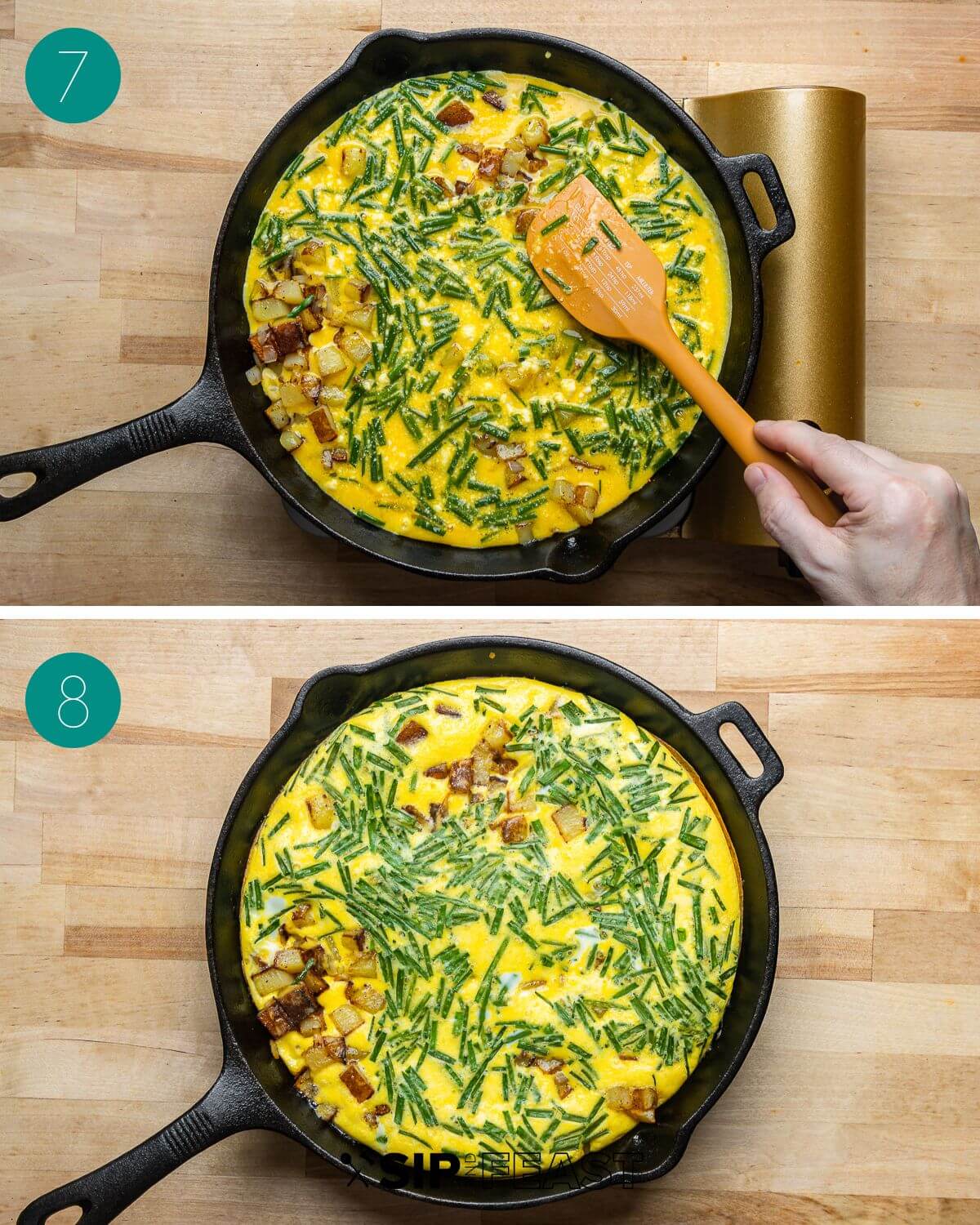 Recipe process shot collage group number four pan with raw frittata and pan with cooked frittata.