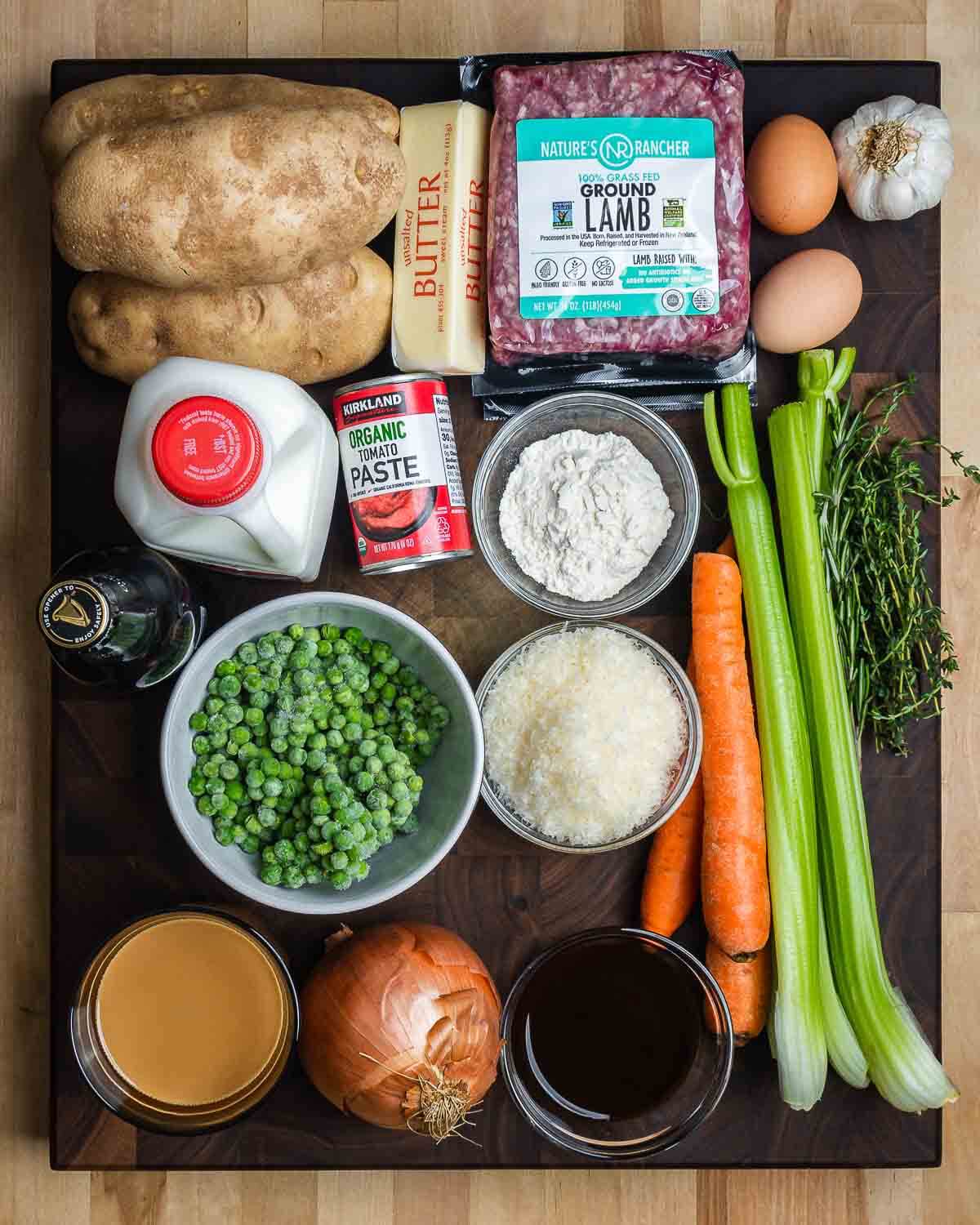 Overhead shot of all of the shepherd's pie recipe ingredients.