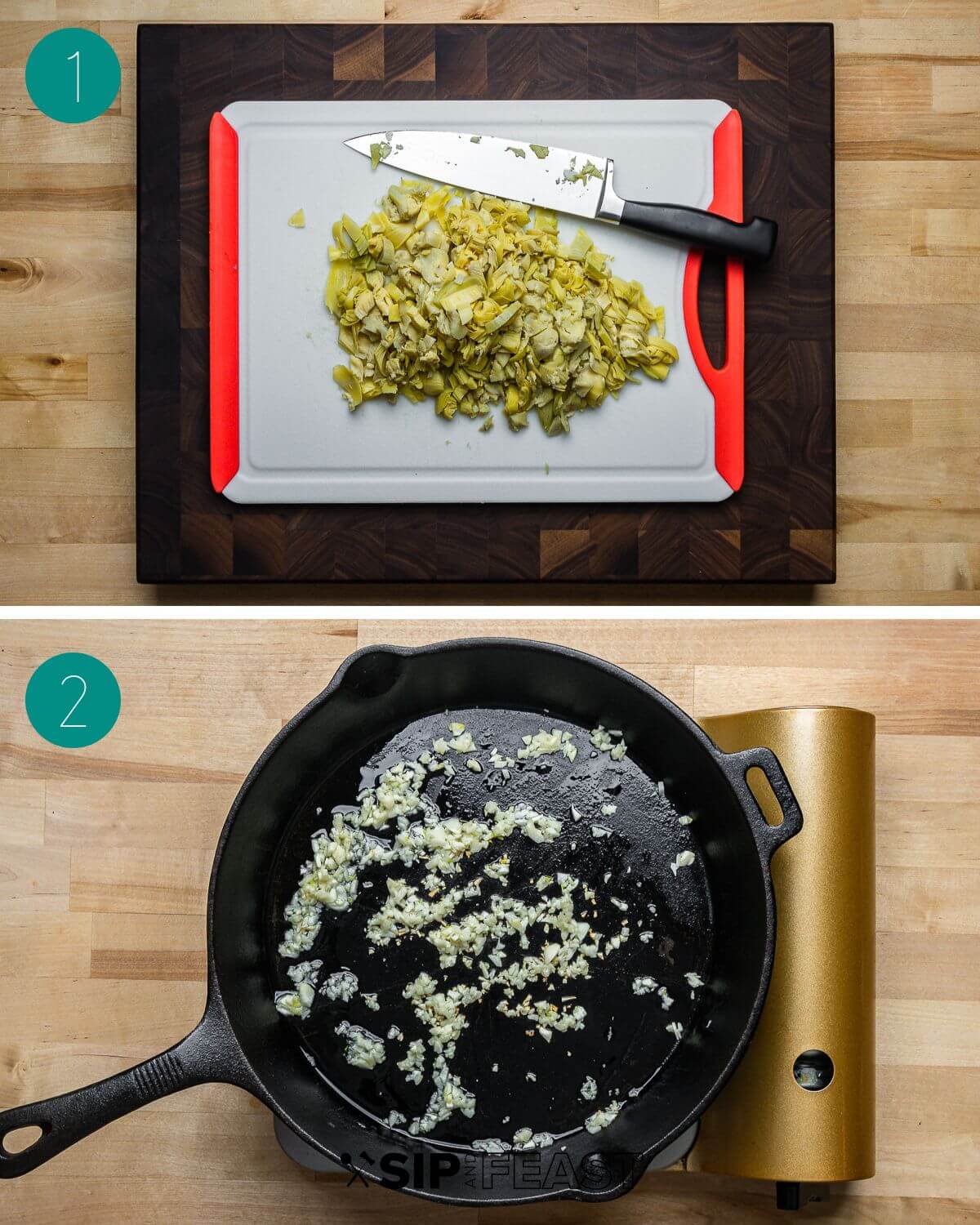 Spinach artichoke dip recipe process shot collage group number one.