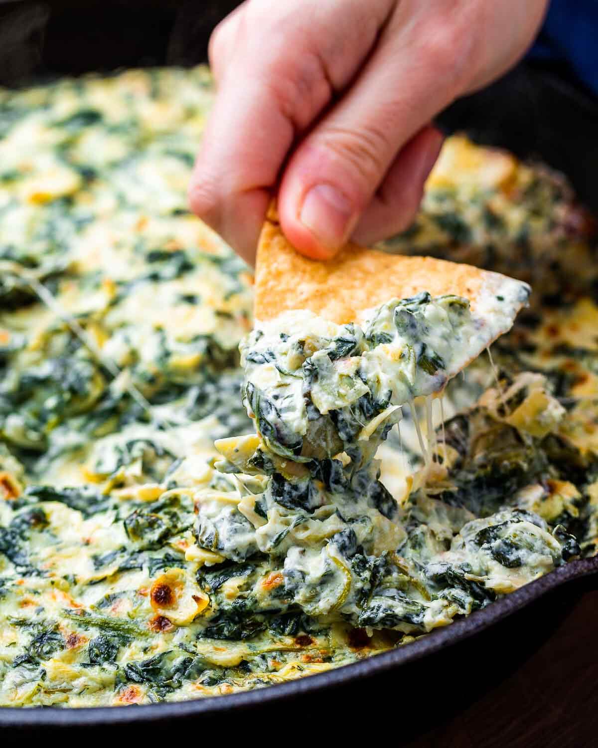 Hand holding tortilla chip with spinach artichoke dip.