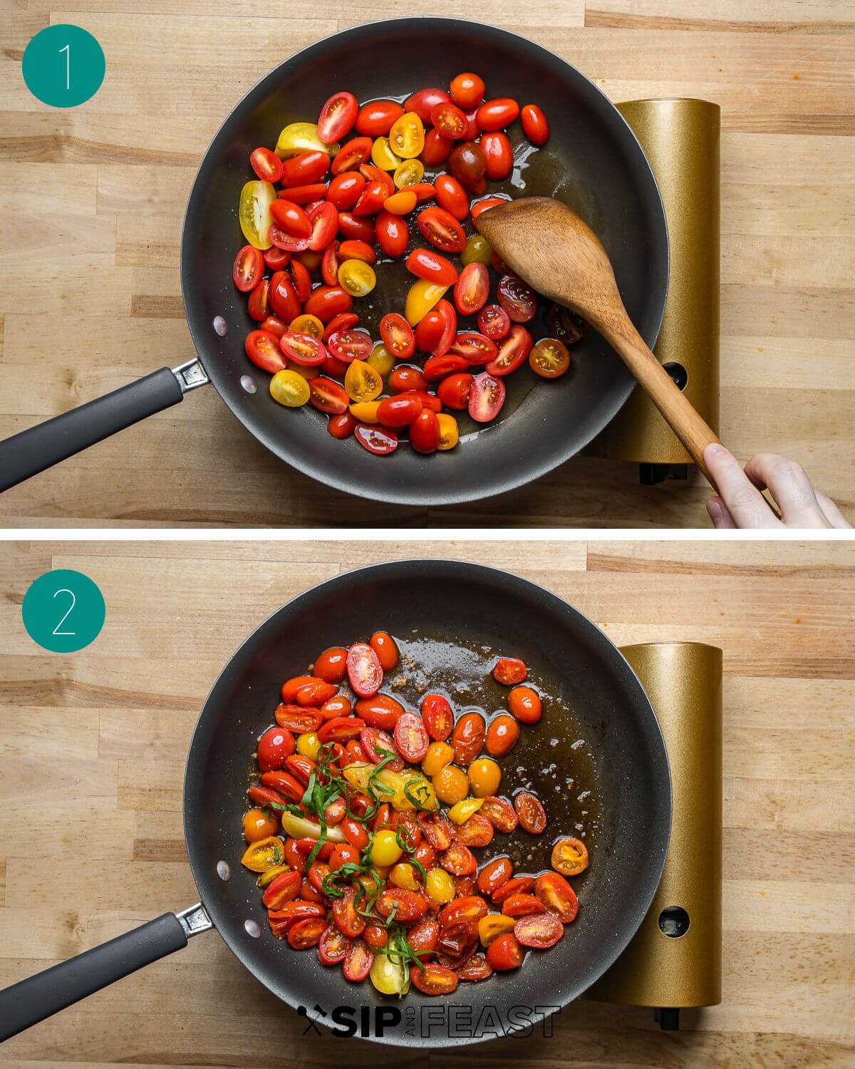 Tomato topping collage for potato frittata recipe with raw tomatoes in pan and cooked tomatoes in pan with herbs.