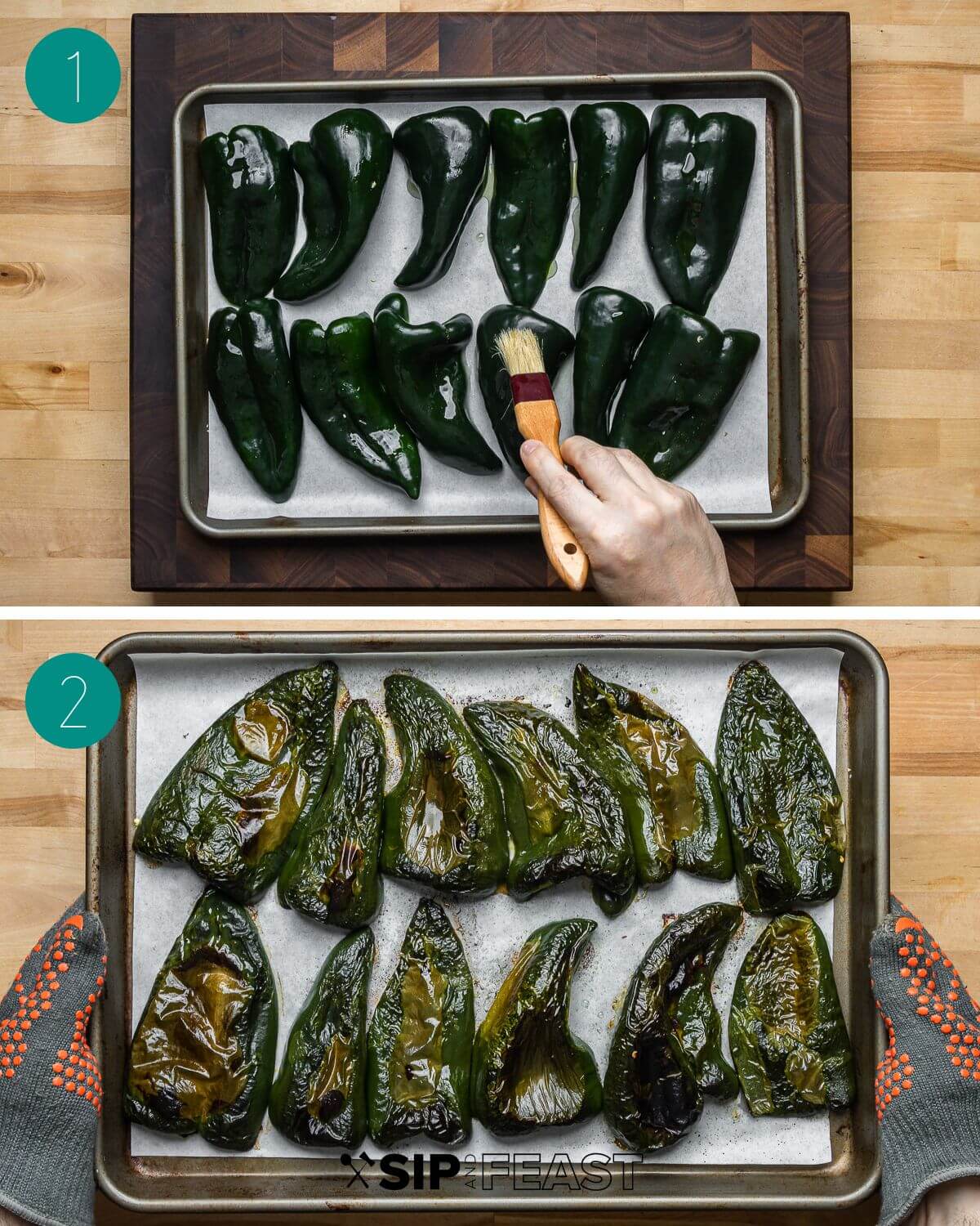 White chicken chili recipe process shot collage group number one with poblano peppers on baking sheet before and after roasting.