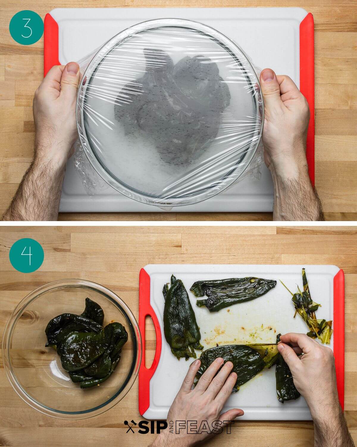 Recipe process shot collage group number two with poblanos in glass bowl with wrap and on cutting board with skins removed.