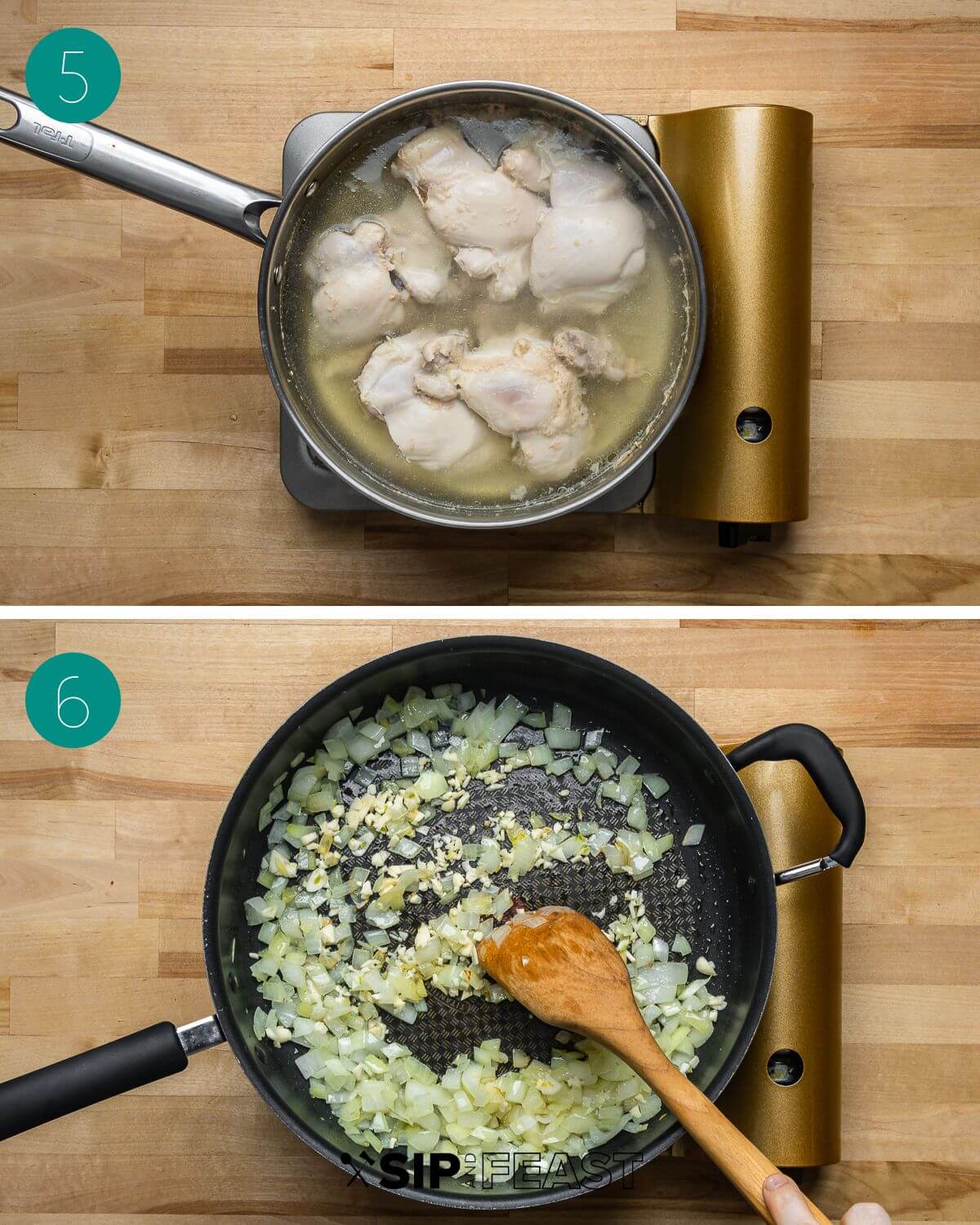 Recipe process shot collage group number three with chicken in pot and pan with onions and garlic.