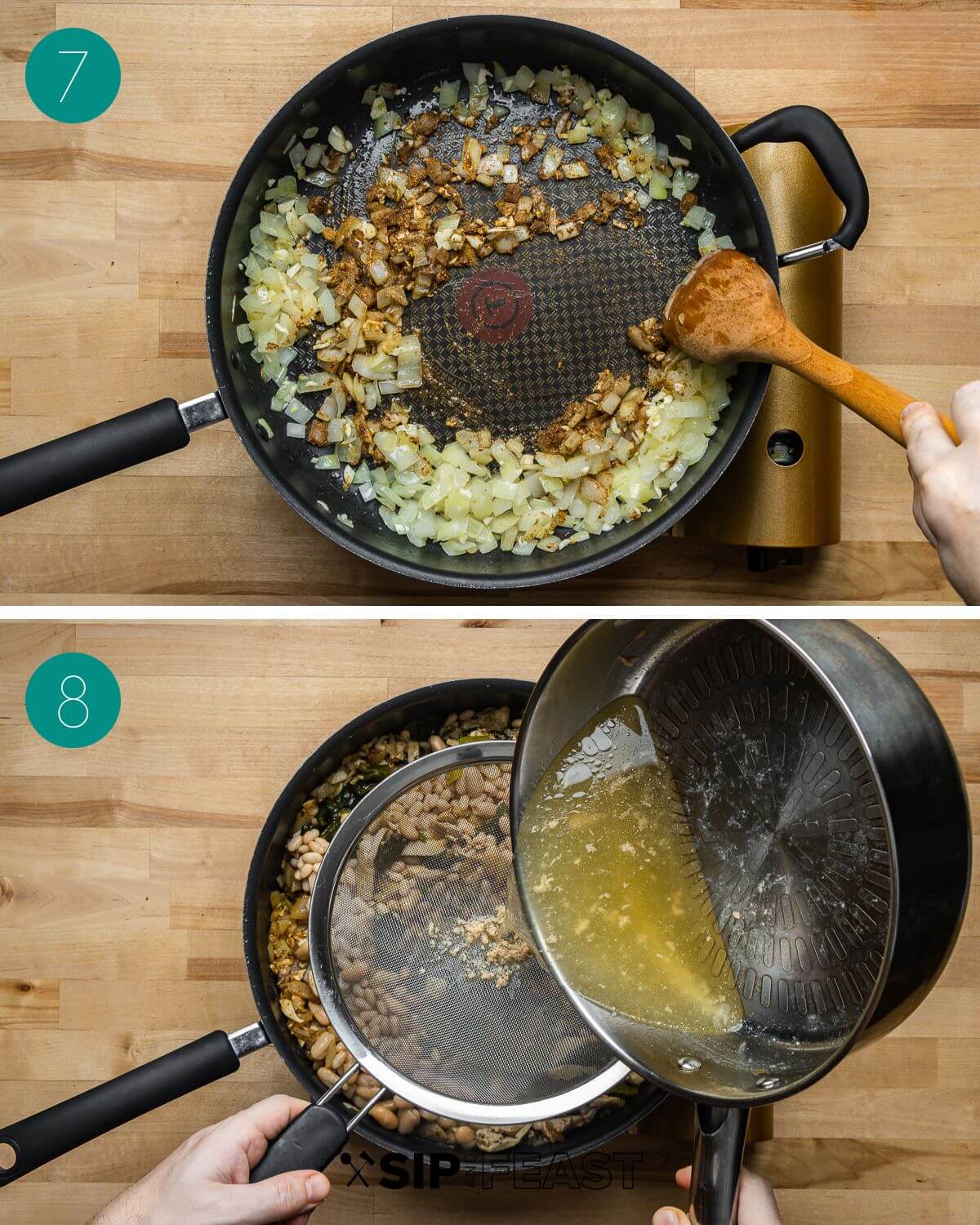 Recipe process shot collage group number four with spices and onions in pan and straining water with chicken into pan.