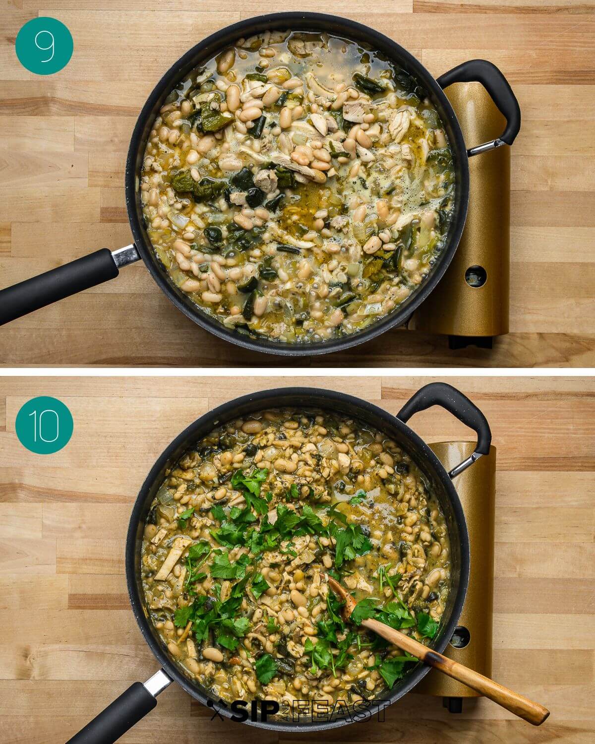 Recipe process shot collage group number five with cooked chili in pan and adding cilantro to pan.