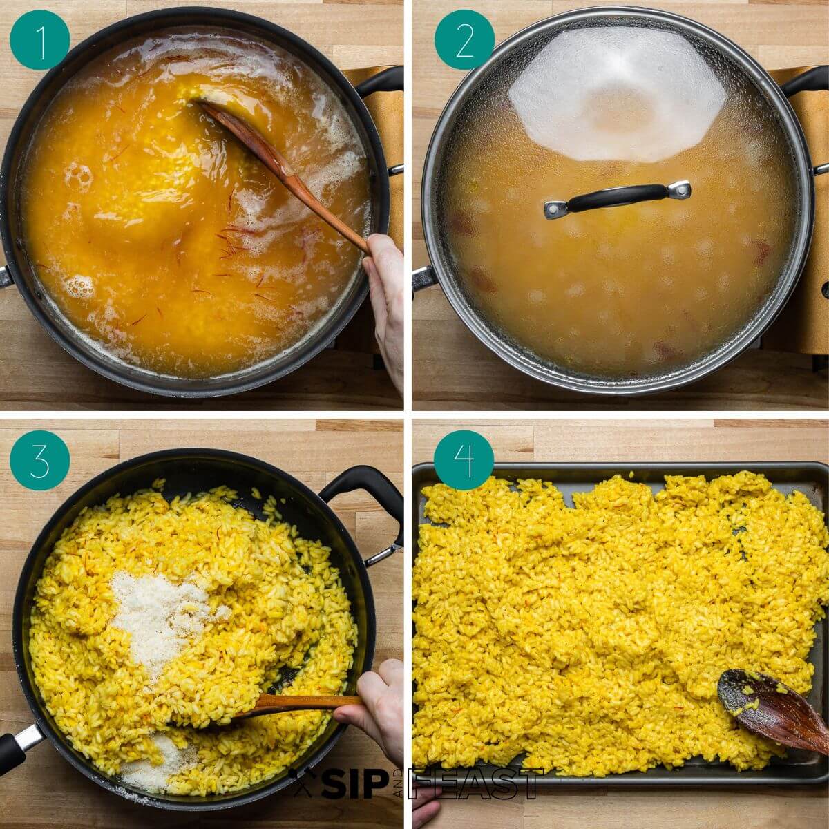 Rice process shot collage for arancini recipe.