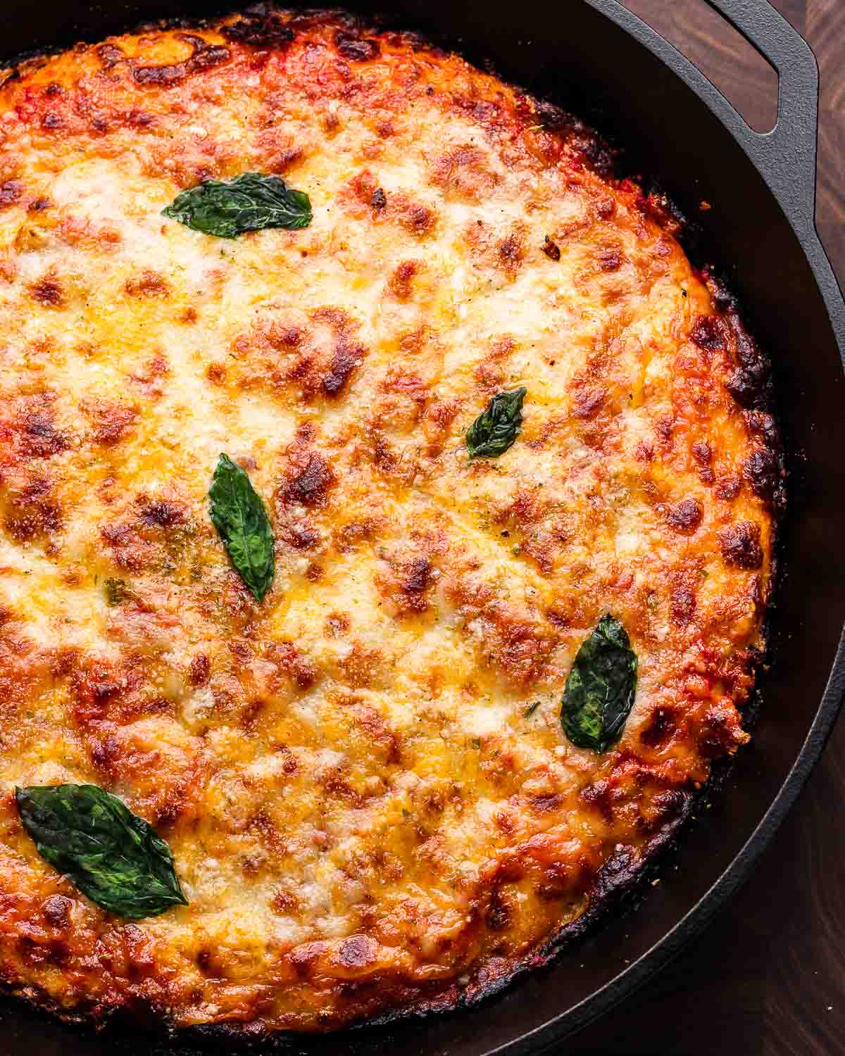 Overhead shot of 14-inch cast iron pan pizza.