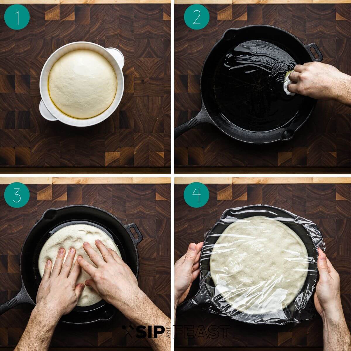 Cast iron pan pizza recipe process shot collage group number one.