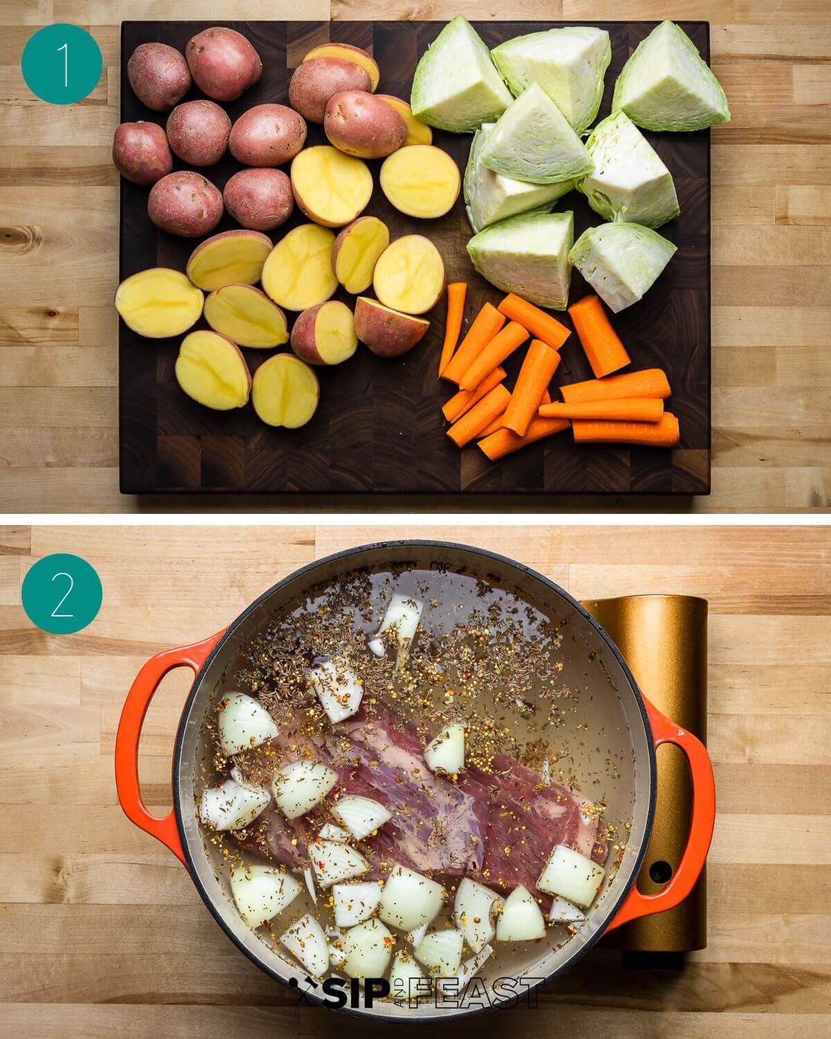 Corned beef and cabbage recipe process shot collage group number one.