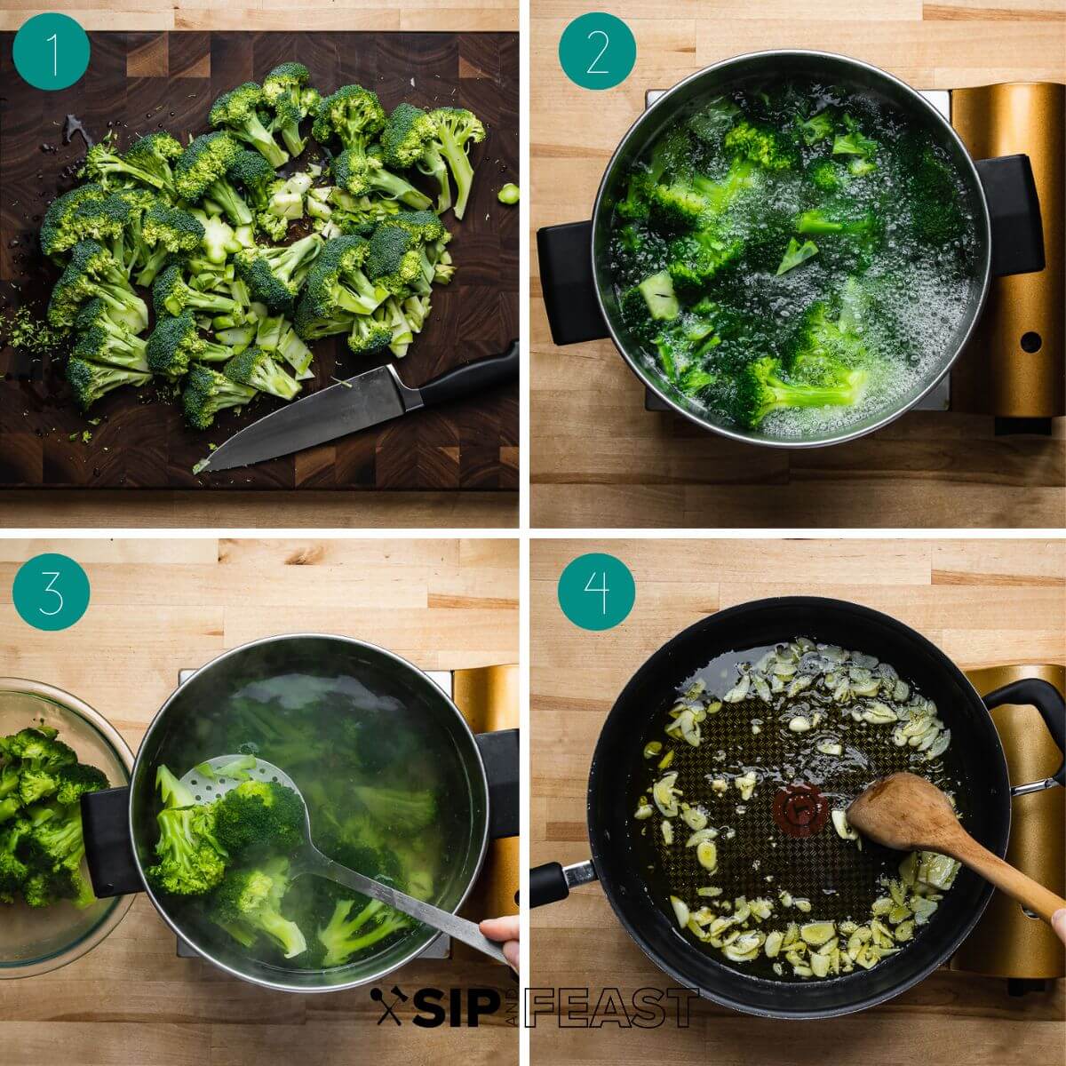 Pasta con broccoli recipe process shot collage group number one.