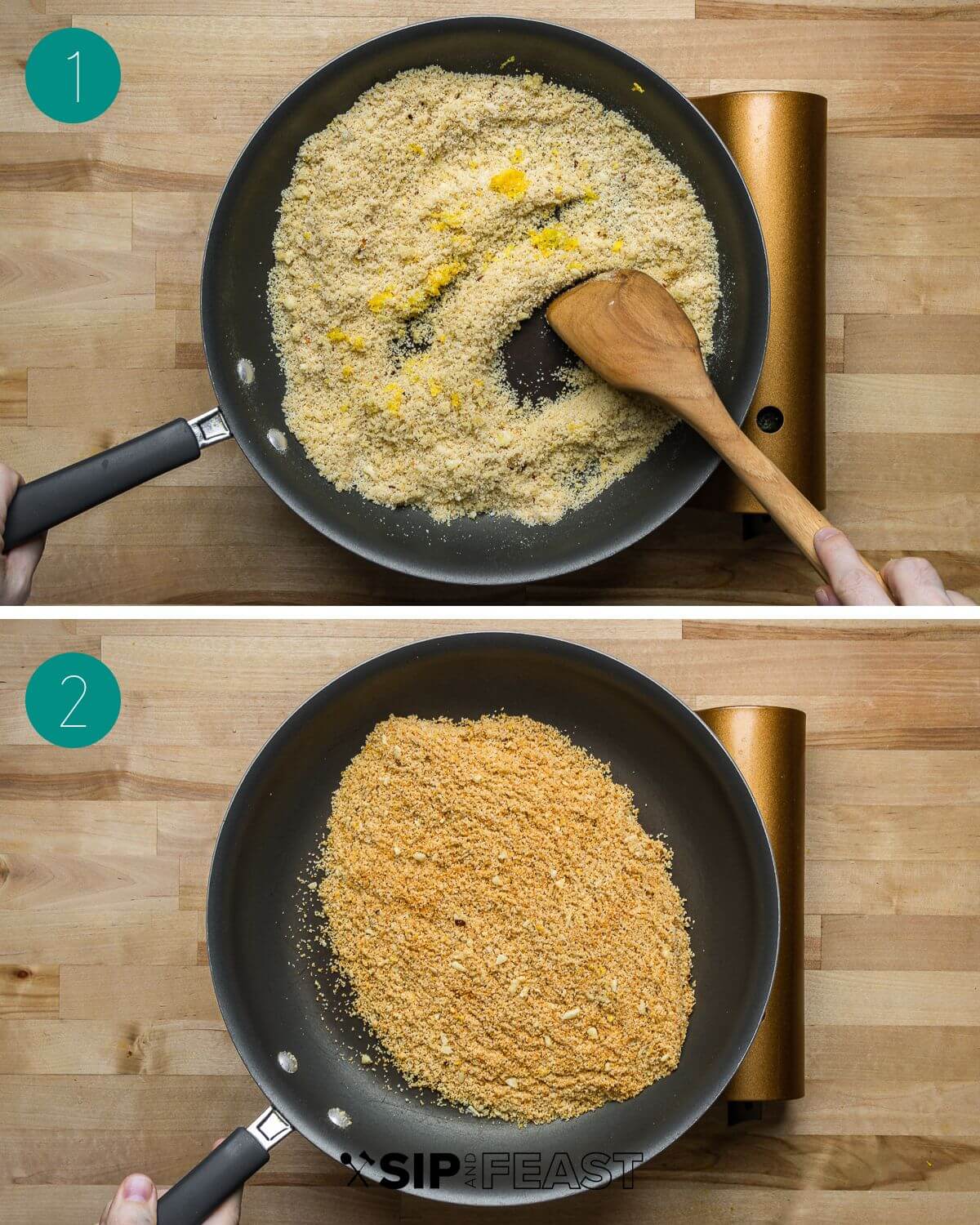 Pasta with artichokes and breadcrumbs recipe process shot collage group number one.