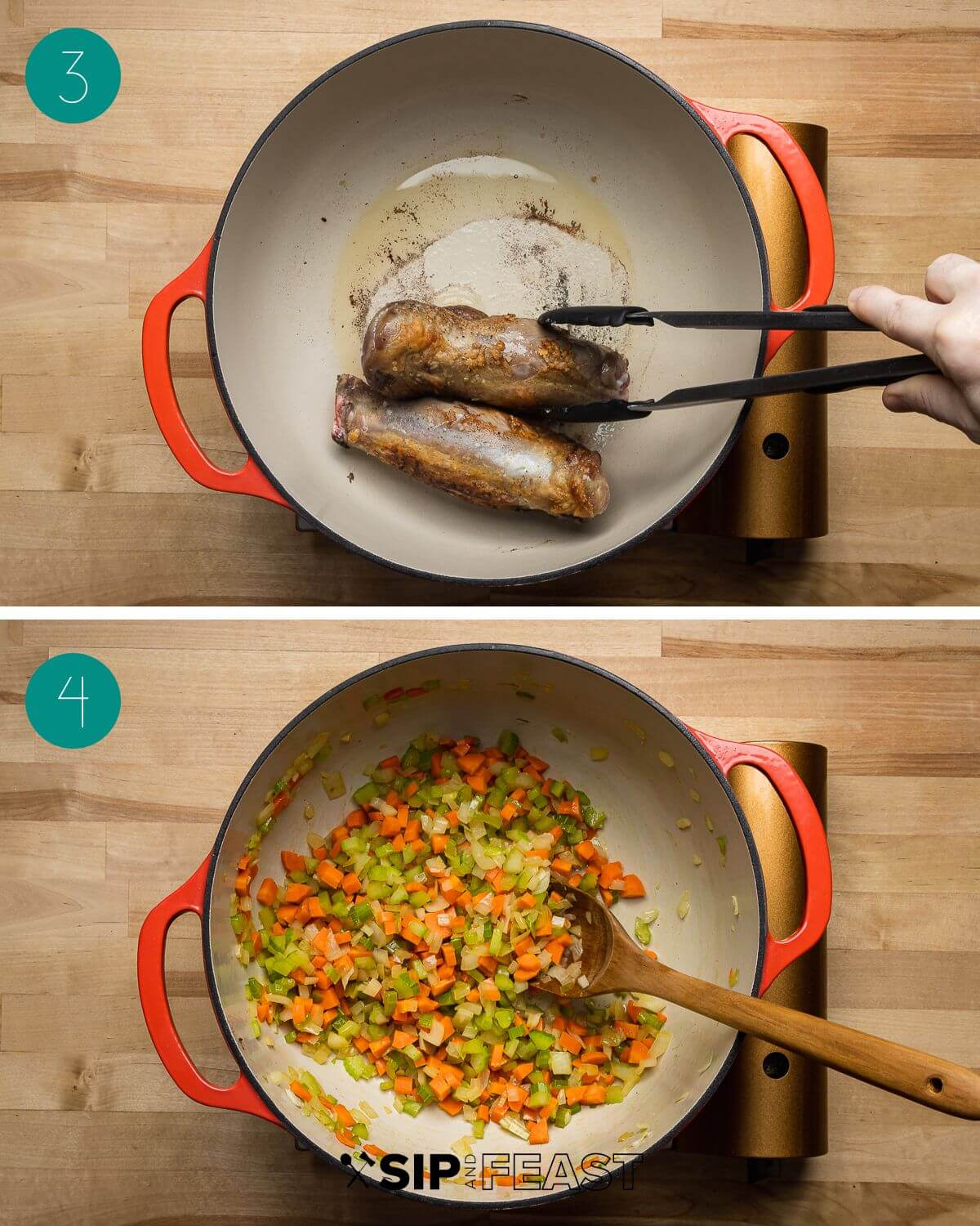 Recipe process shot collage group number two showing seared shanks in a dutch oven and sauteed veggies in dutch oven.