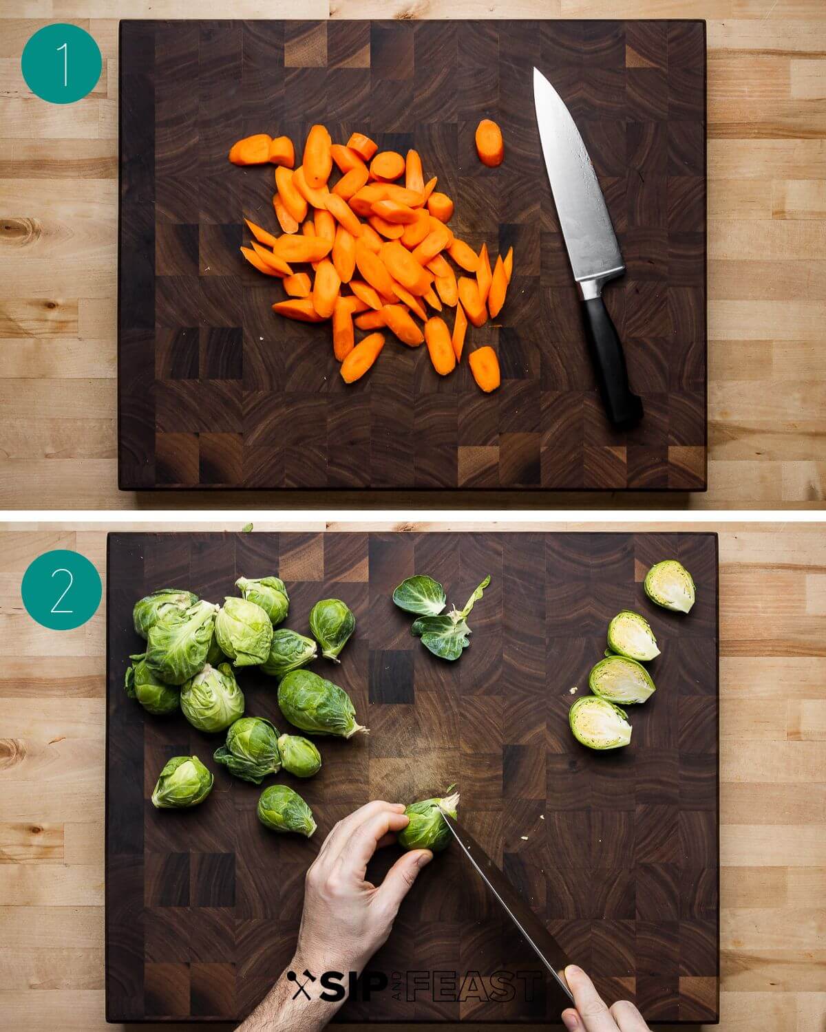 Roasted brussels sprouts and carrots recipe process shot collage group number one.