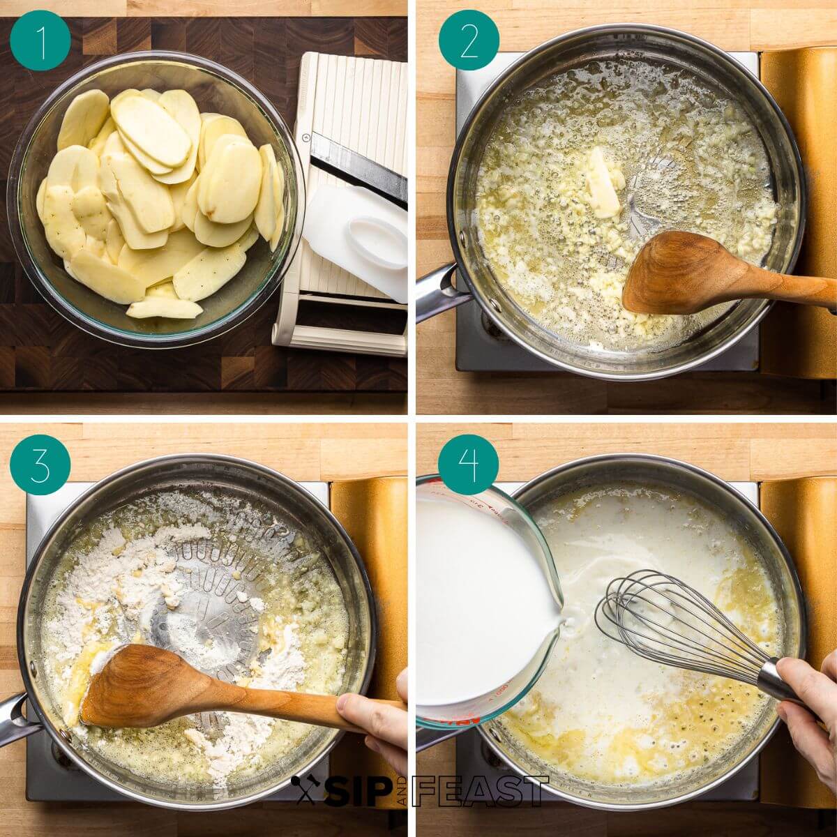 Scalloped potatoes recipe process shot collage group number one.