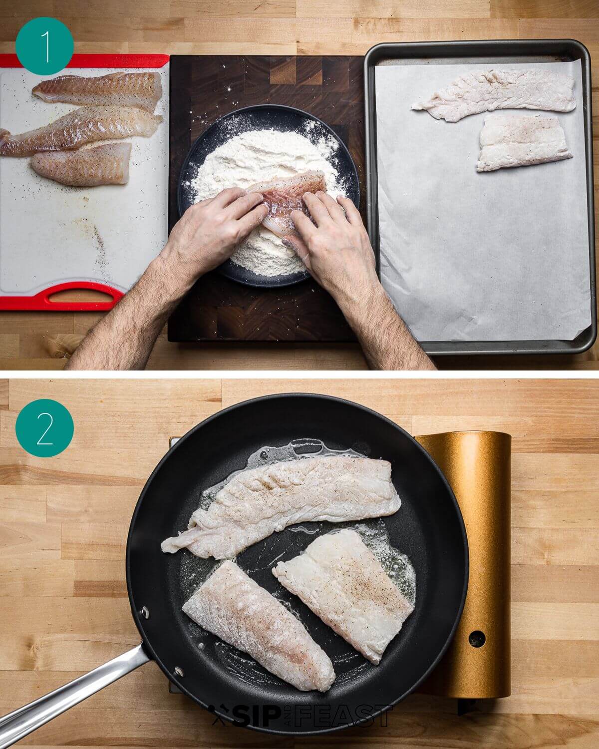 Cod piccata recipe process shot collage group number one.