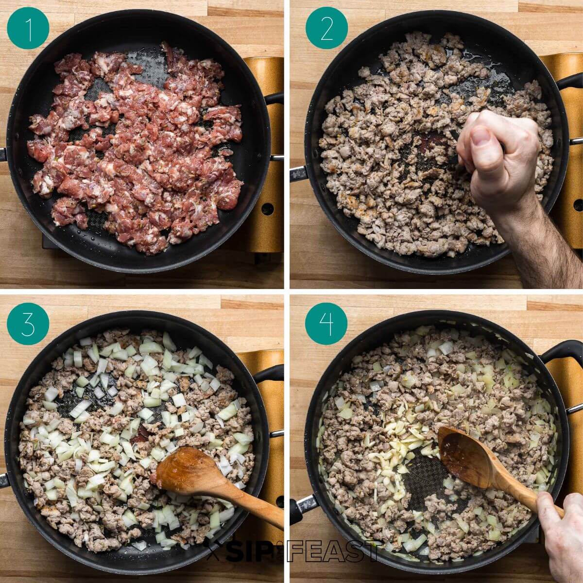 Creamy Italian sausage pasta recipe process shot collage group number one.