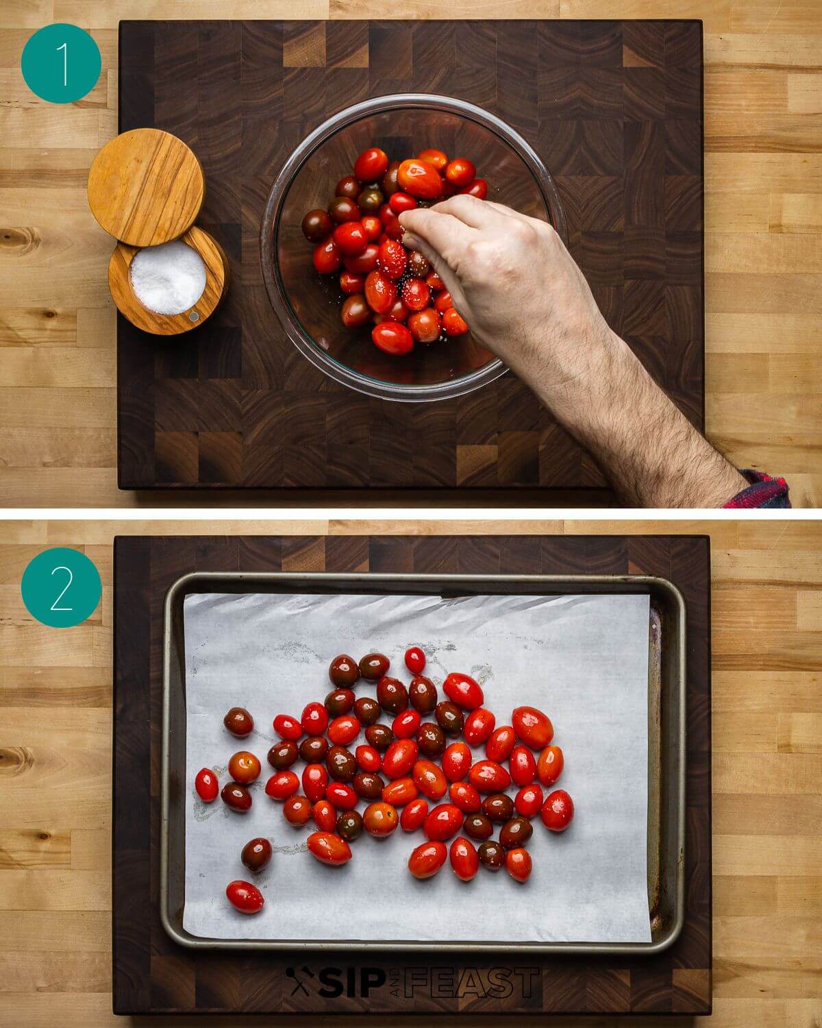 Ricotta roasted cherry tomato crostini recipe process shot collage group number one.