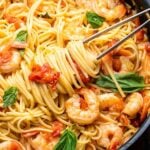 Shrimp tomato basil pasta Pinterest image.