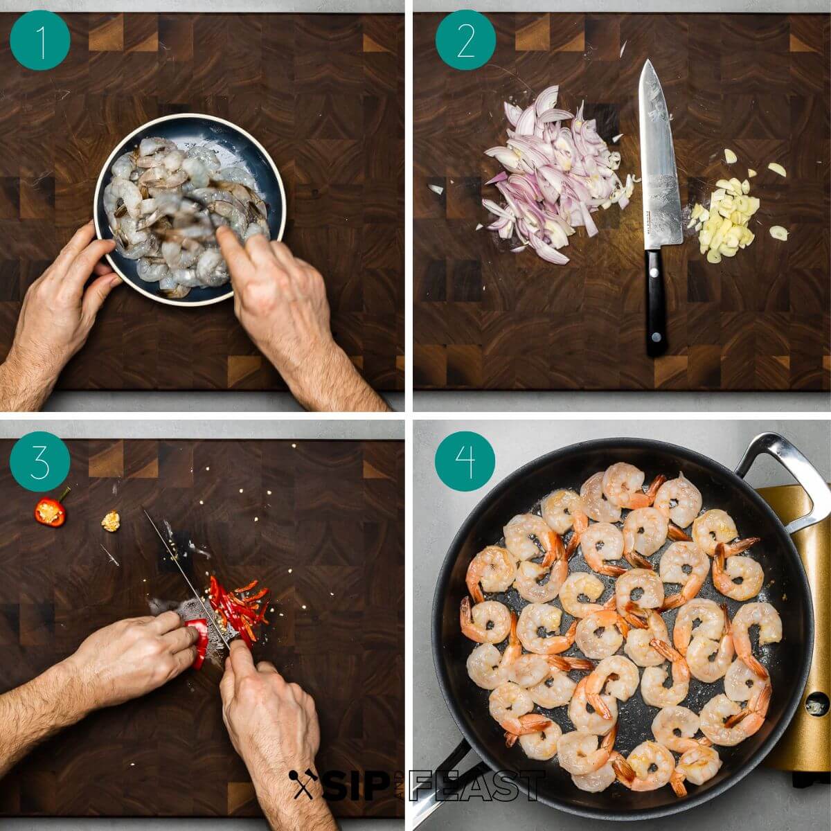 Shrimp tomato basil pasta recipe process shot collage group number one.