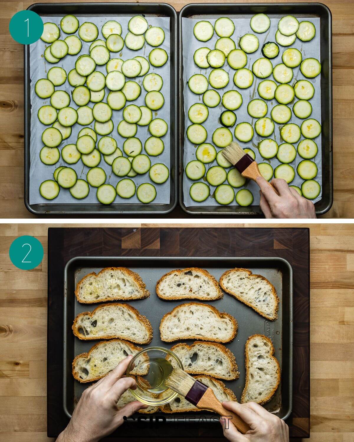 Zucchini bruschetta recipe process shot collage group number one.