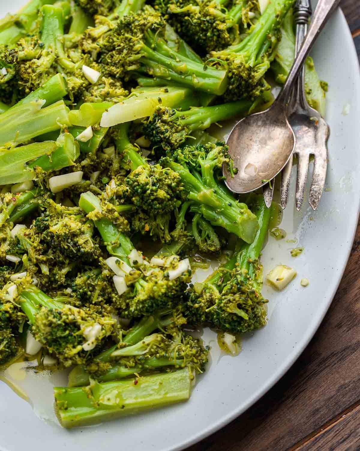 Closeup shot of Italian broccoli salad in platter.