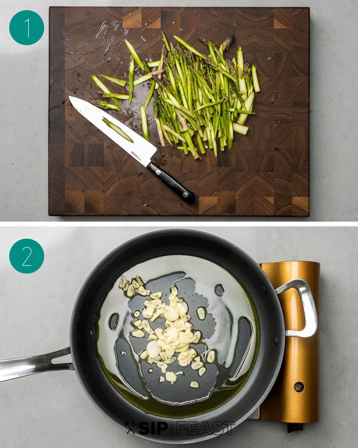 Lemon asparagus pasta recipe process shot collage group number one.