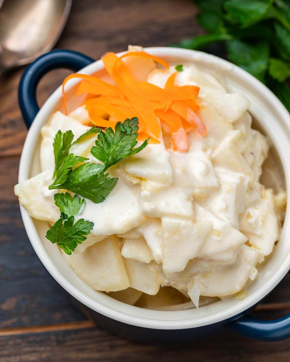 New York deli potato salad in blue dish.