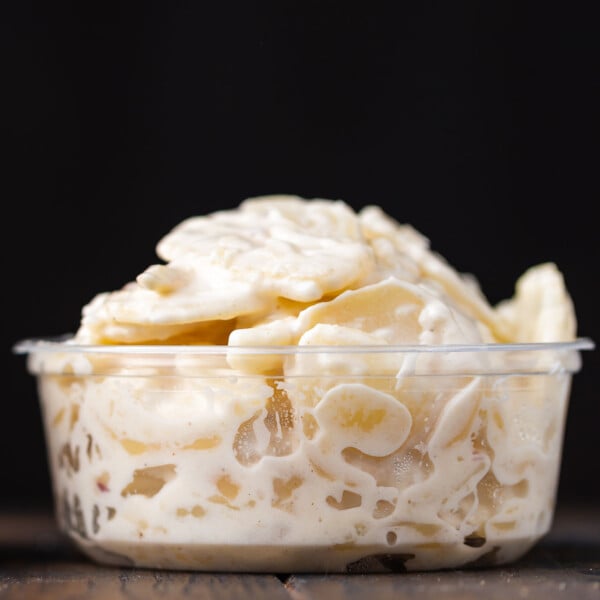 Deli container with homemade NY deli potato salad.