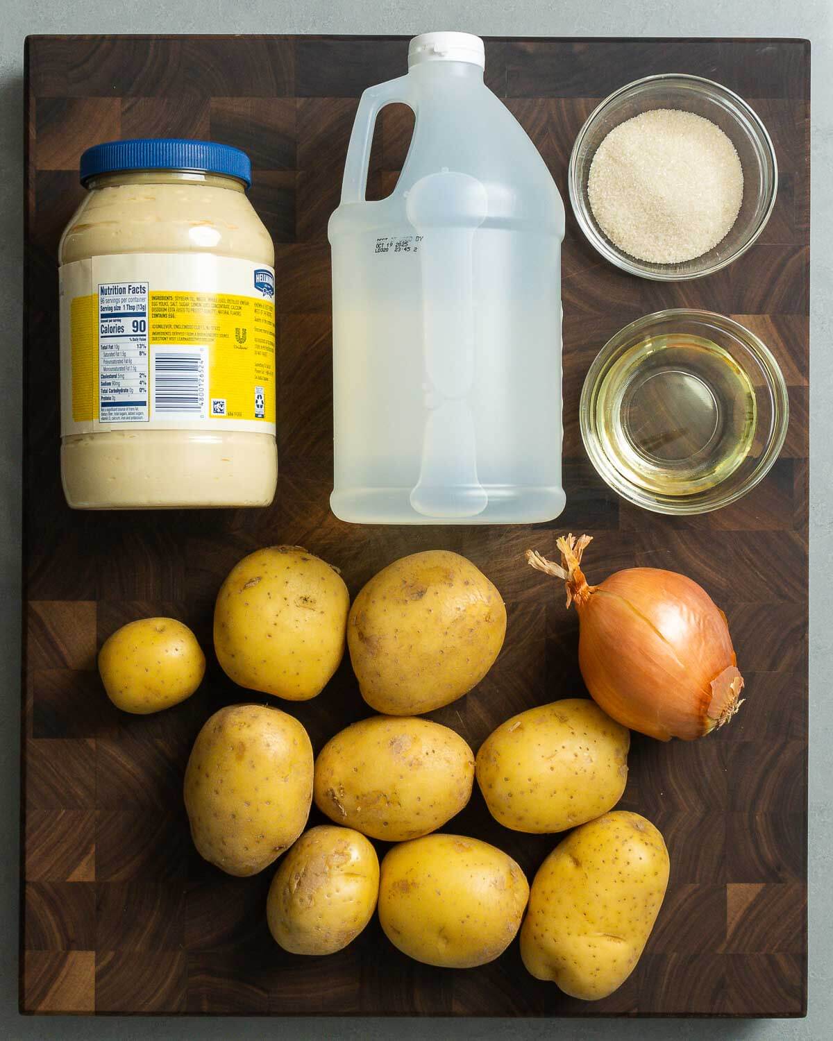 Recipe ingredients shown: mayonnaise, vinegar, sugar, vegetable oil, potatoes, and onion.