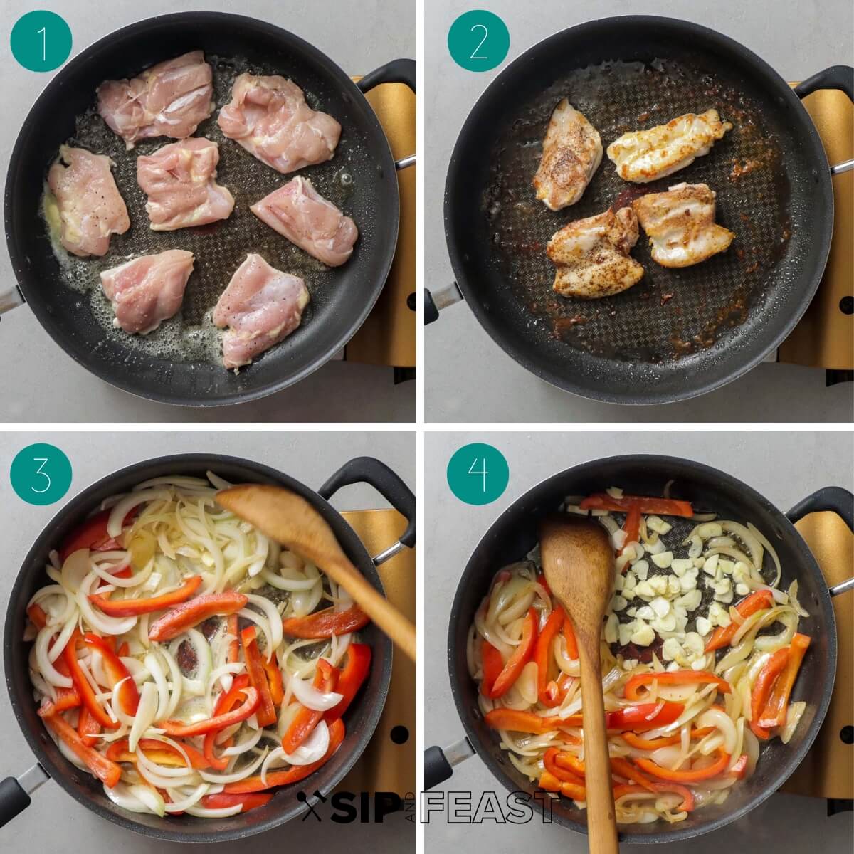 Chicken cacciatore pasta recipe process shot collage group number one.