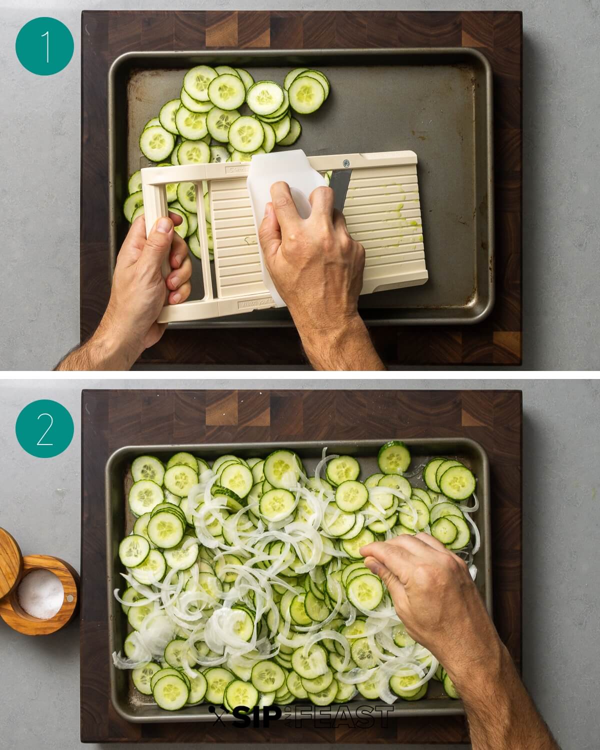 Cucumber salad recipe process shot collage group number one.