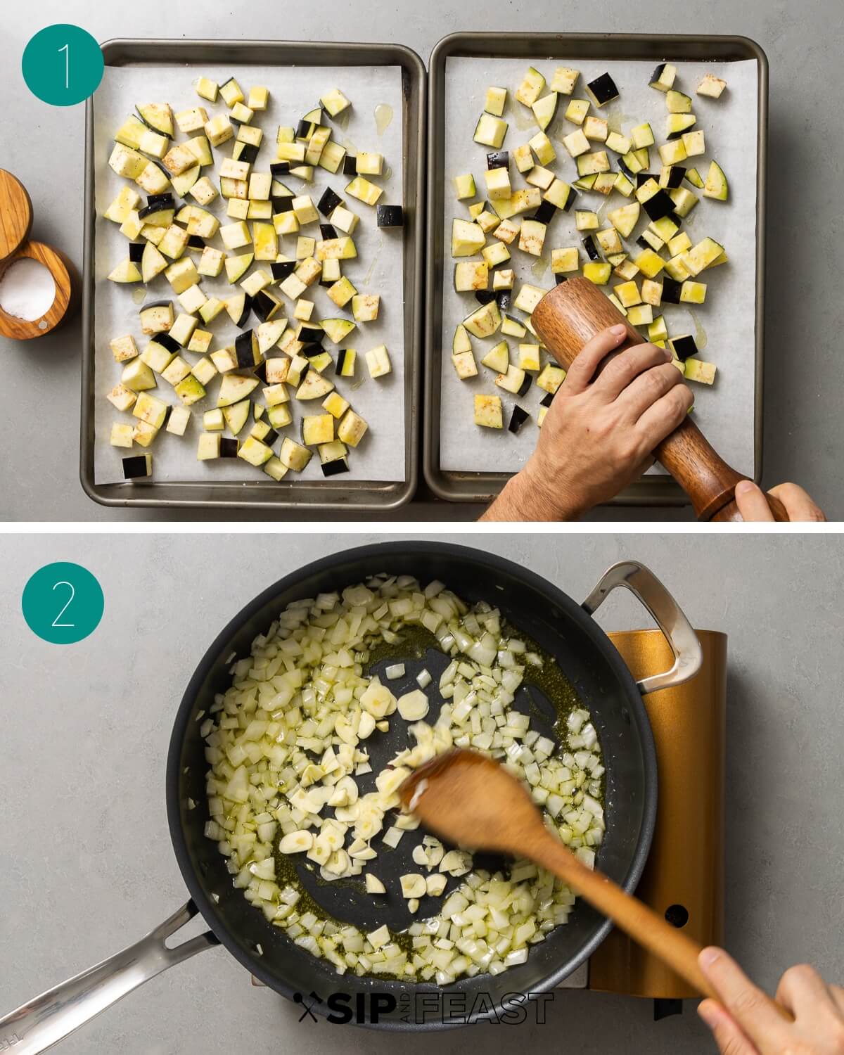 Baked eggplant pasta recipe process shot collage group number one.