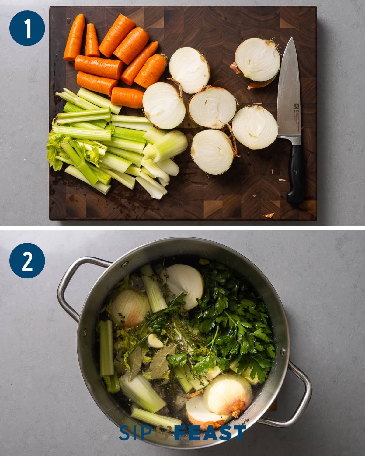 Chicken stock recipe process shot collage group number one showing cut ingrdients on cutting board and large stockpot filled with all of the ingredients on burner.