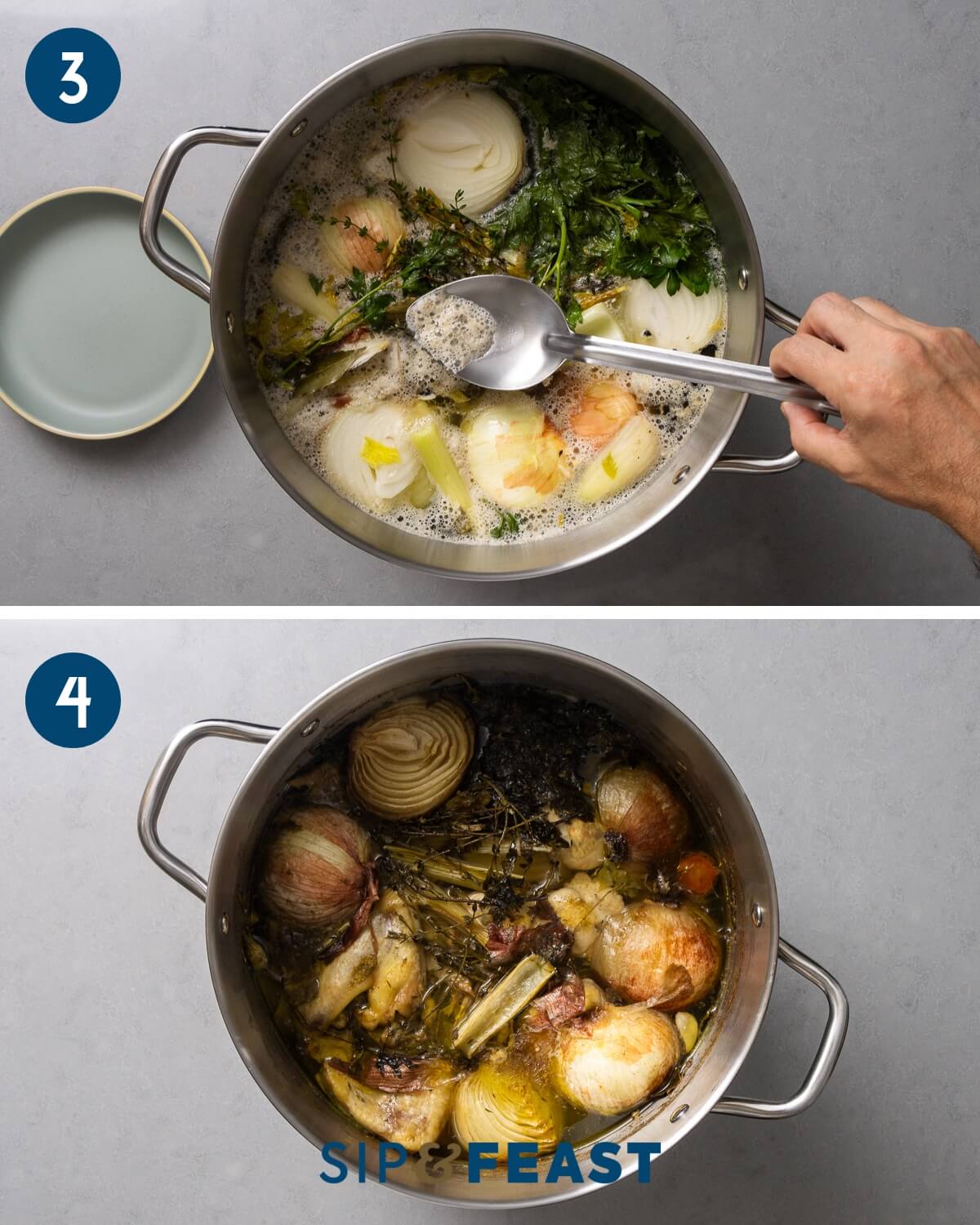 Recipe collage group number two showing skimming of fat and stockpot after 4 hours of cooking.