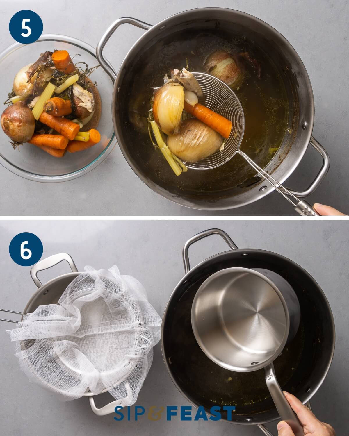 Recipe collage group three showing removle of chicken bones into glass bowl and setting up to strain stock with cheescloth and strainer.