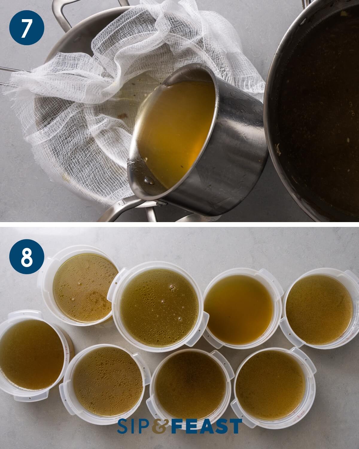 Collage number four showing small pot pouring chicken stock over cheesecloth lined strainer and table with 8 containers of chicken stock.