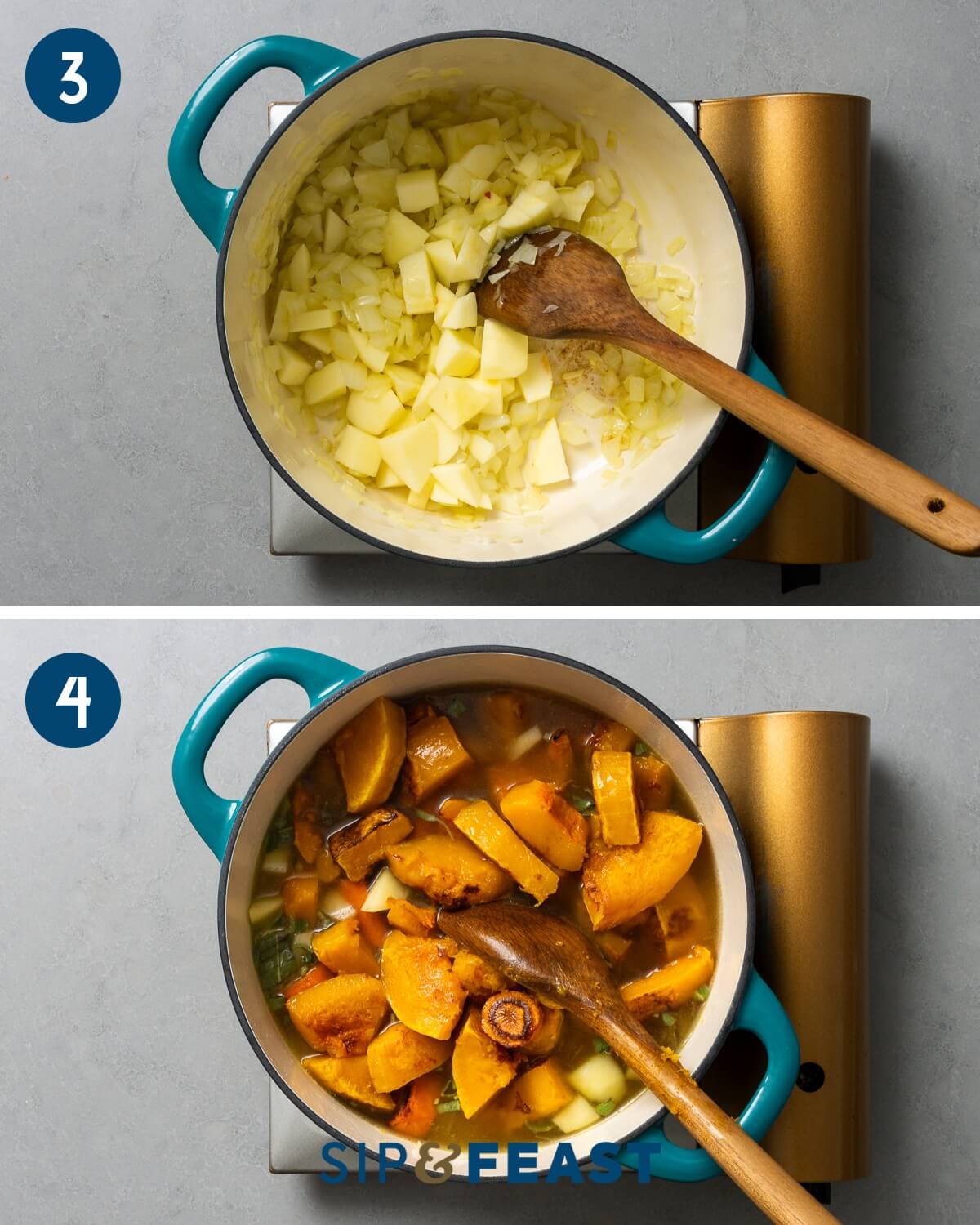 Recipe collage group two showing Dutch oven sauteing onions and apples and pot on burner with all the soup ingredients being brought to a boil.