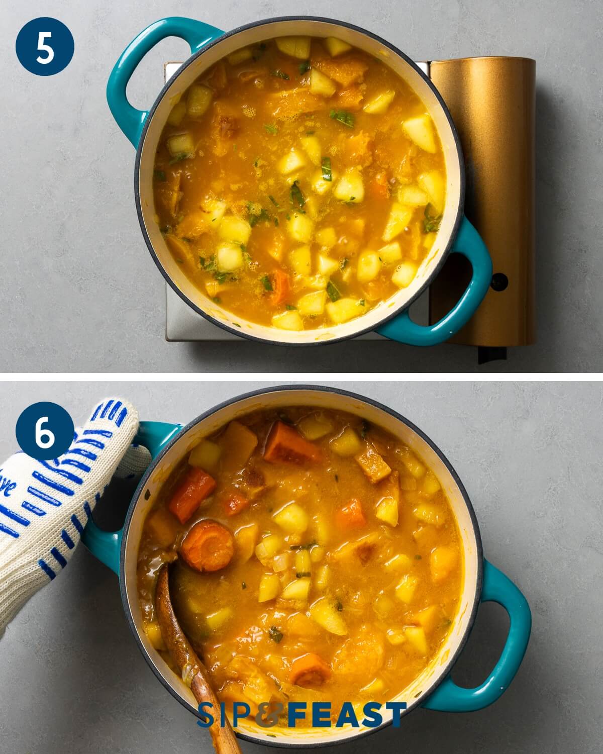 Recipe collage group number three showing soup on top of burner simmering and spoon mashing ingredients against the side of the pot.