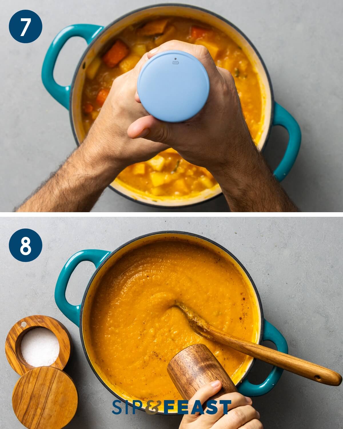 Recipe collage four showing hands over pot using immersion blender and seasoning of the soup with salt and pepper.