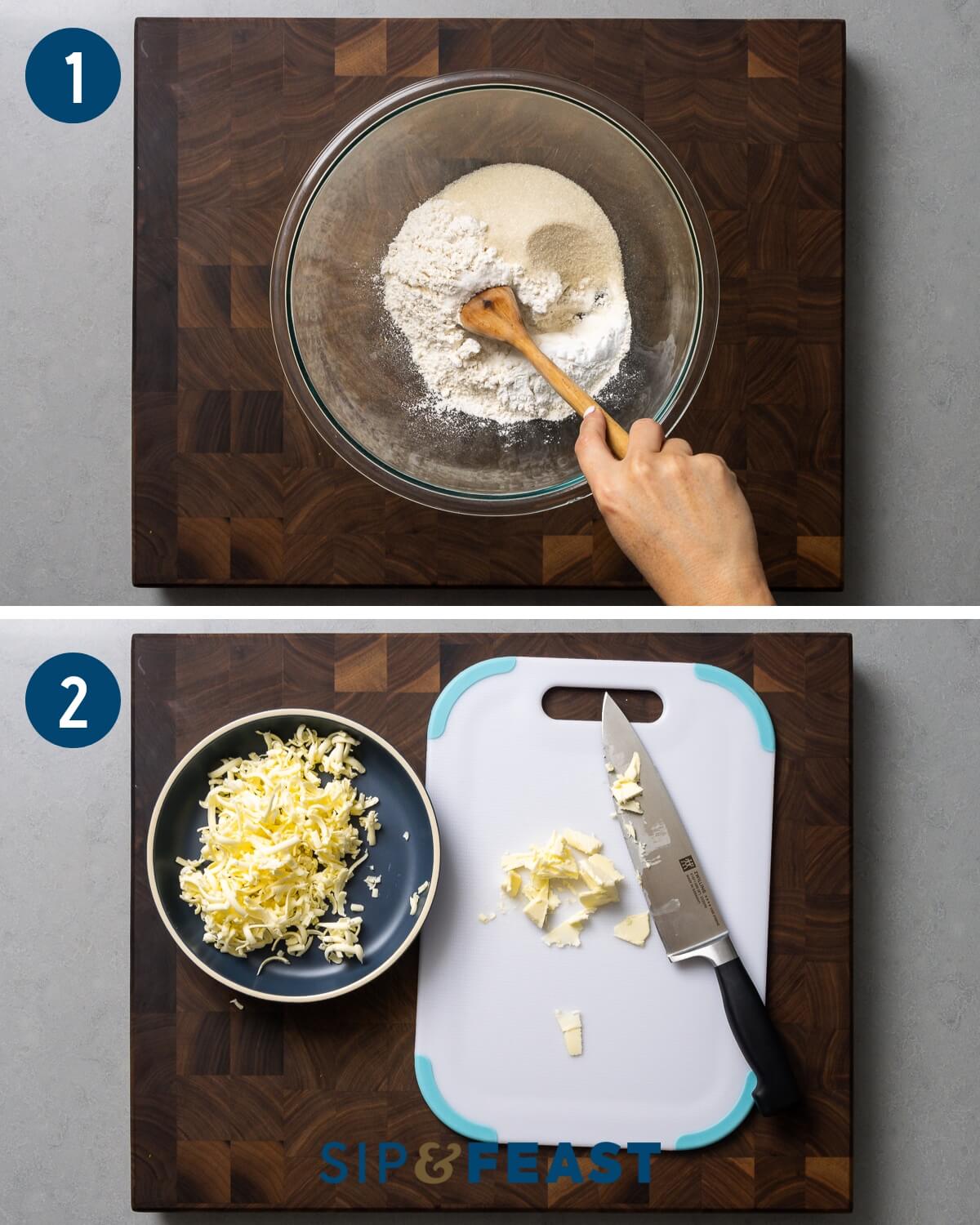 Cranberry orange scones recipe process shot collage group one showing mixing dry ingredients and shredded cold butter.