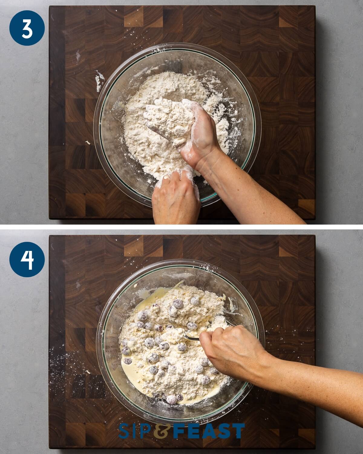 Recipe collage number two showing mixing butter into dry ingredients and mixing wet ingredients and cranberries into bowl.