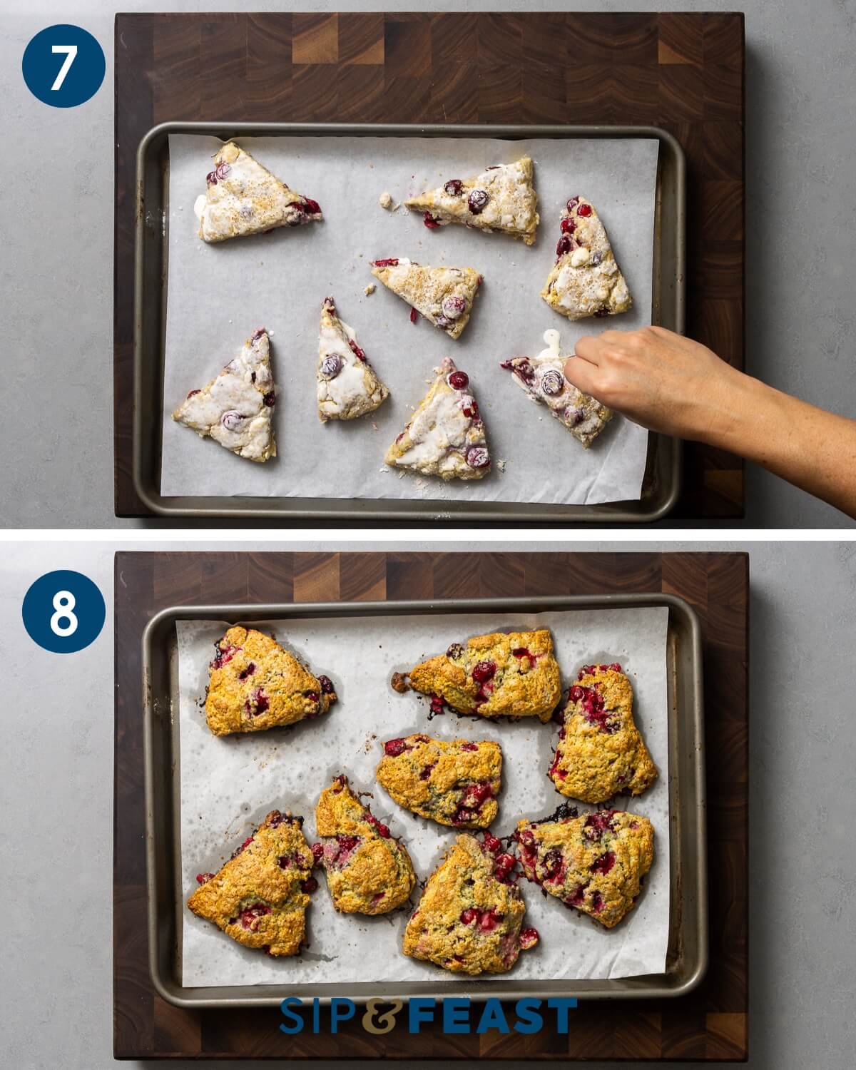 Recipe collage number four showing brushing scones with cream and topping with turbinado sugar along with the finished product after baking.