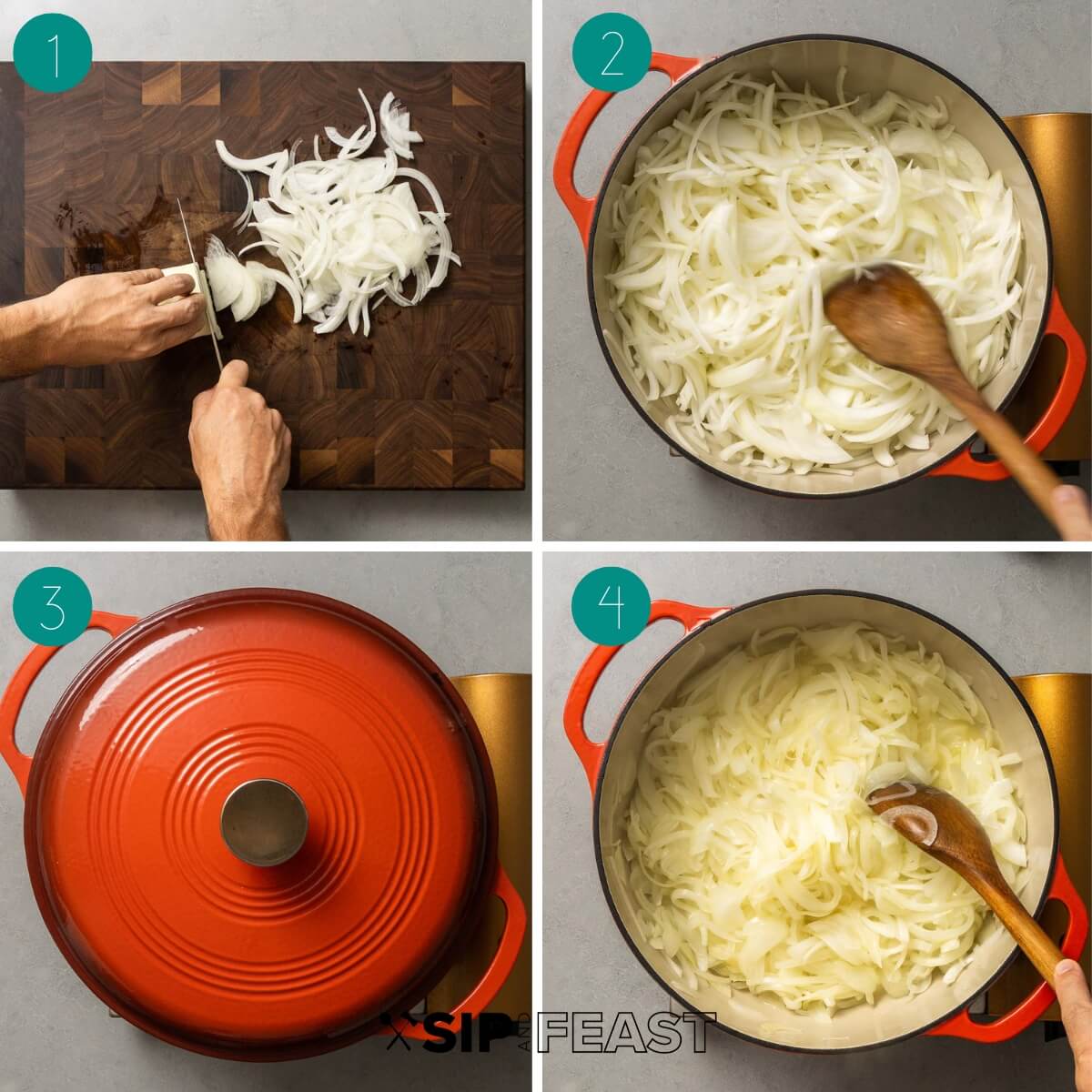 French onion soup recipe process shot collage group number one.